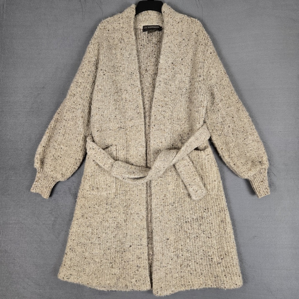 IB Diffusion Womens Beige Speckled Wool Mohair Open Front Long Sweater Medium